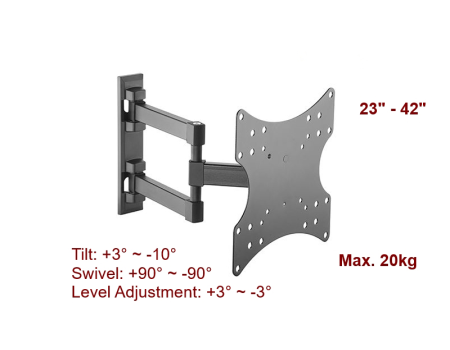 Fits most 13-37in screens;Max load capacity: 25kg/55lbs; VESA Compliant: up to 200mm x 200mm;Tilt: +/- 15; Pan/Swivel: 180Profile: 9.0 - 35cm (3.5 - 13.7in);Steel construction